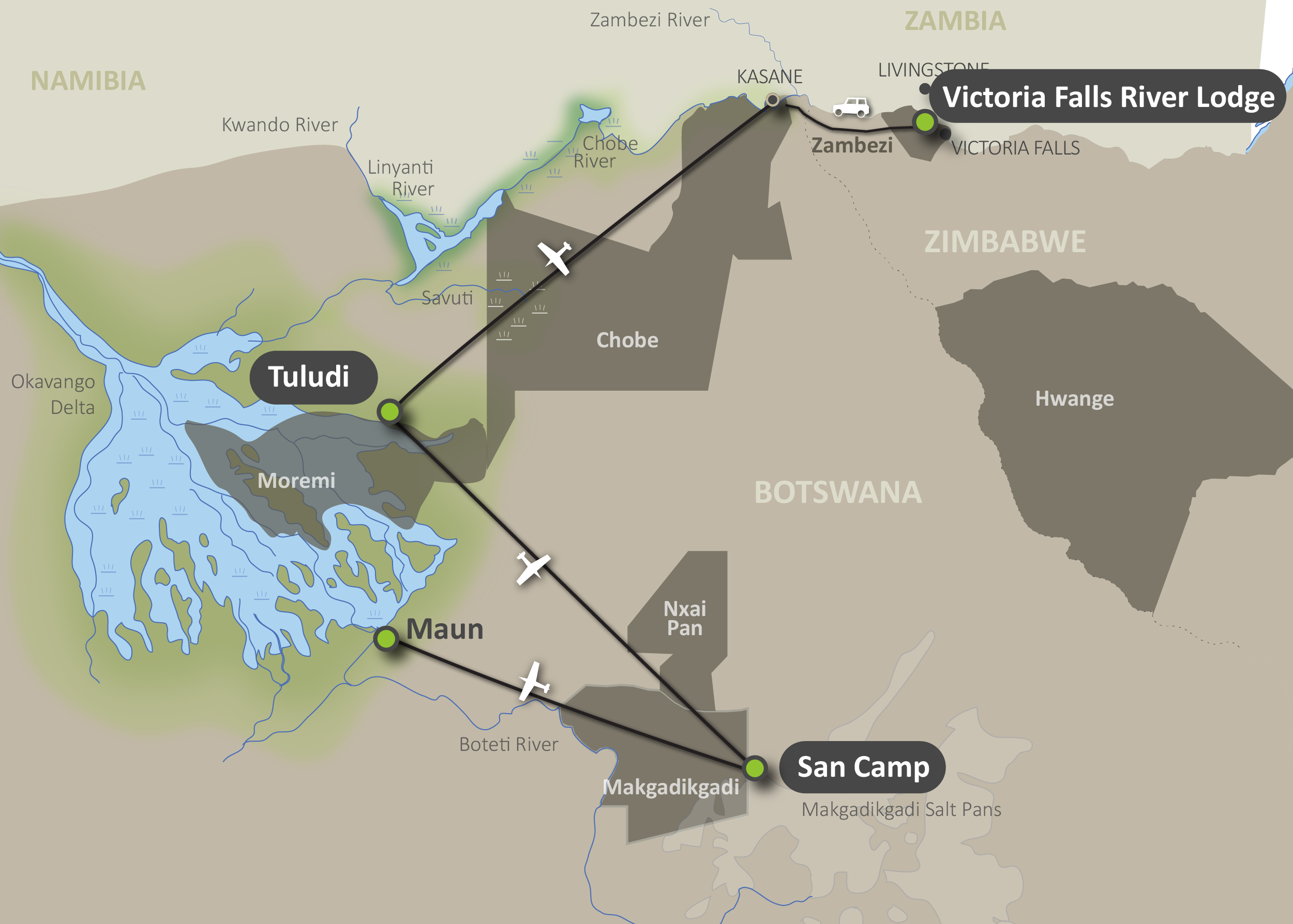 Map of the Botswana Escape Safari